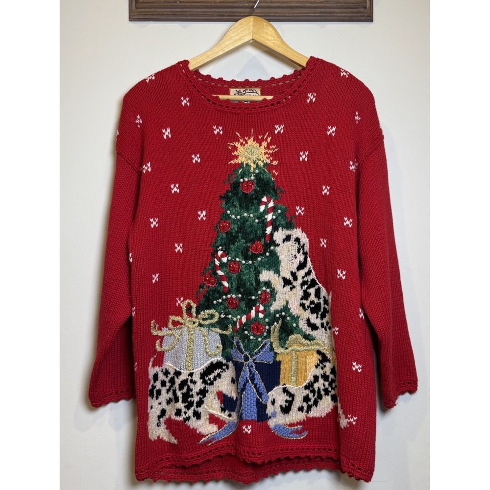 VTG 90s Heirloom Collectibles Christmas Tree Sweater Dalmatian Puppies Dogs SM